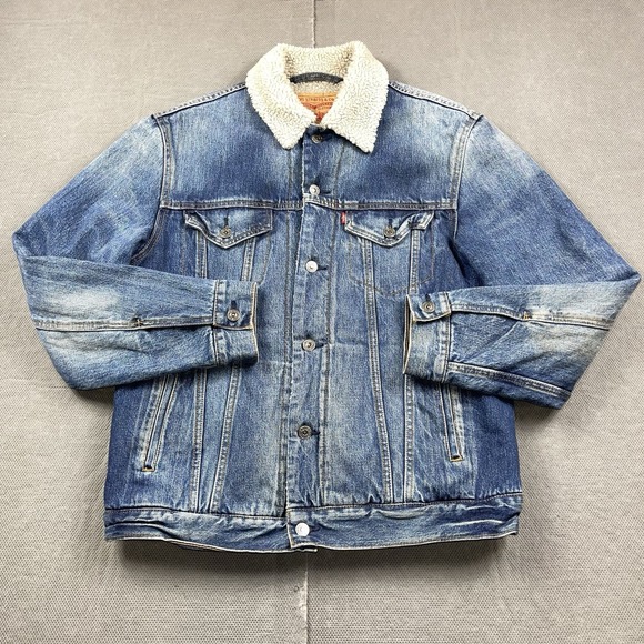 Levis Jacket Mens Large Denim Button Sherpa Lined Trucker Workwear Type 3 Blue - Picture 1 of 12
